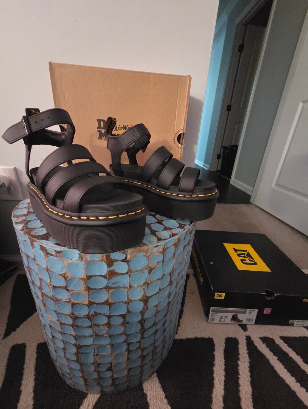 Doc Martens Black Platform Strappy Sandals with Yellow Stitching